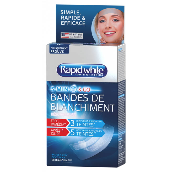 Bandes de blanchiment express Rapid white - 8 sachets de 2 bandes + 1 acc&eacute;lerateur + 1 dentifrice