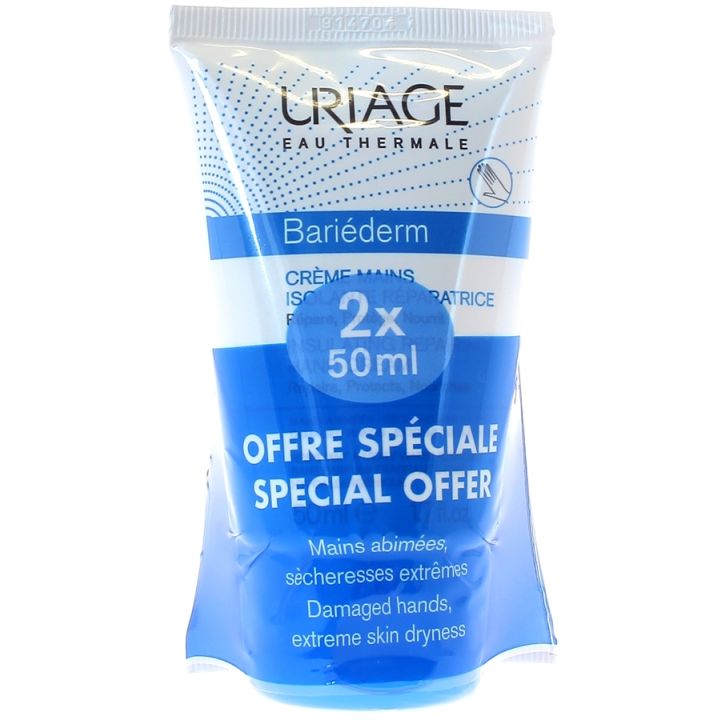 Bari&eacute;derm Cr&egrave;me mains isolante r&eacute;paratrice Uriage - lot de 2 x 50 ml