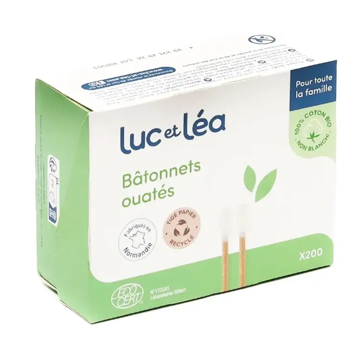 B&acirc;tonnets ouat&eacute;s tige en papier recycl&eacute; Luc et L&eacute;a - bo&icirc;te de 200 b&acirc;tonnets