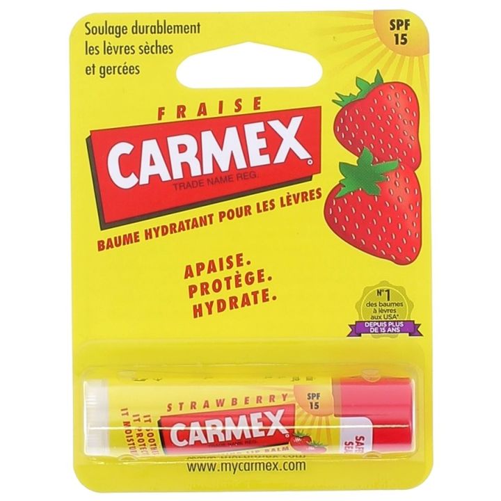Baume l&egrave;vres Hydratant go&ucirc;t fraise SPF15 Carmex - 1 tube de 4,25g