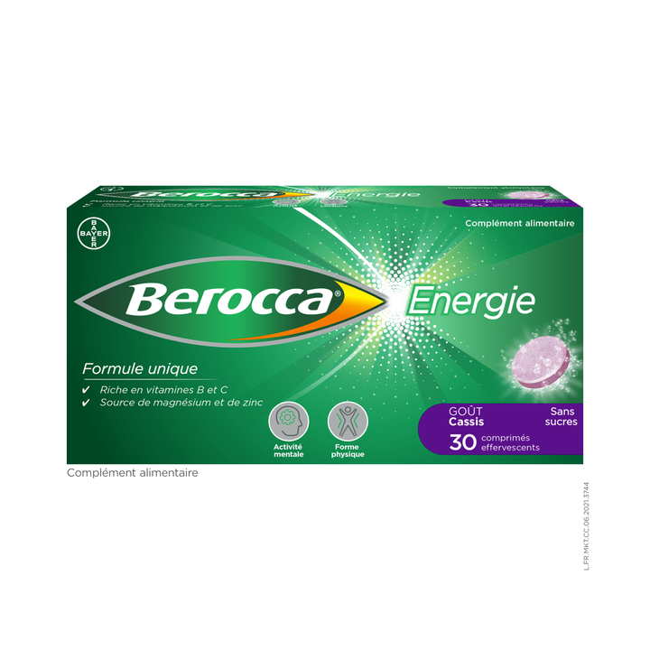 Berocca Energie Cassis Vitamine B et C, magn&eacute;sium et Zinc 30 comprim&eacute;s effervescents