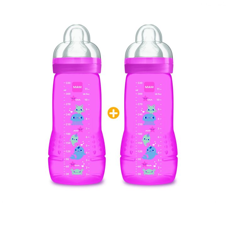 Biberon rose Easy active 2 &egrave;me &acirc;ge 6 mois + Mam - 2 biberons de 330 ml