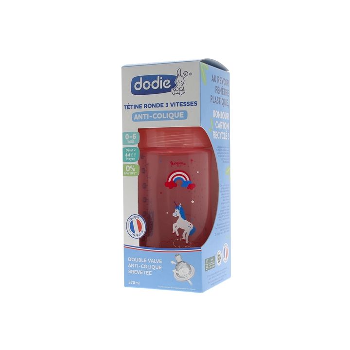 Biberon Initiation+ t&eacute;tine ronde 3 vitesses rose licorne Dodie - biberon de 270ml