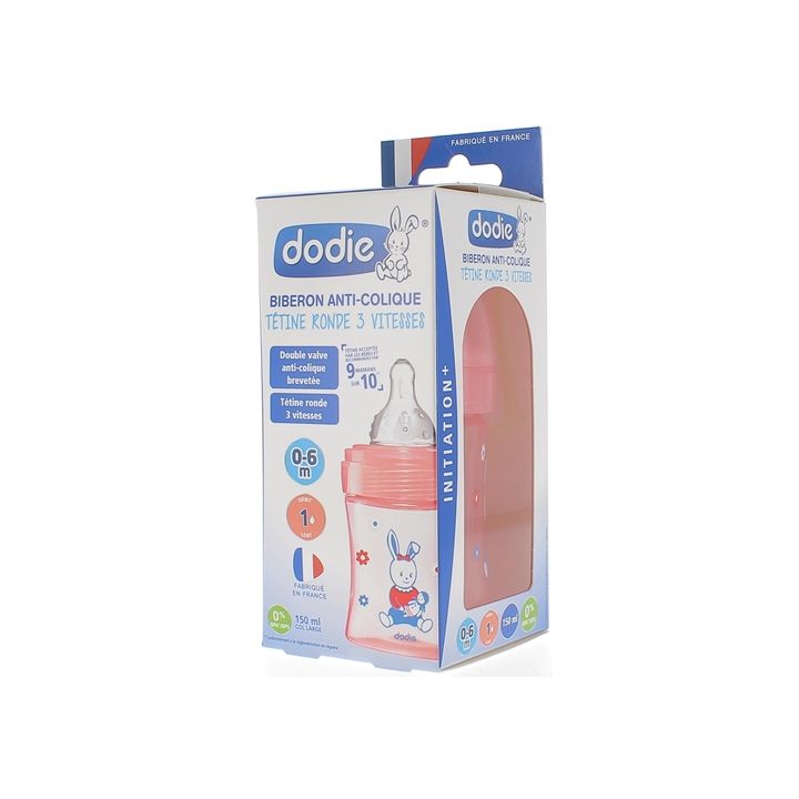 Biberon Initiation+ t&eacute;tine ronde 3 vitesses rose poup&eacute;e 0-6mois Dodie - Biberon de 150ml