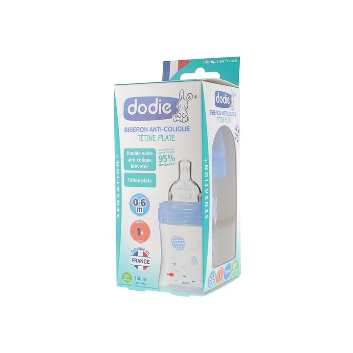 Biberon Sensation+ d&eacute;bit lent mer 0-6mois Dodie - Biberon de 150ml