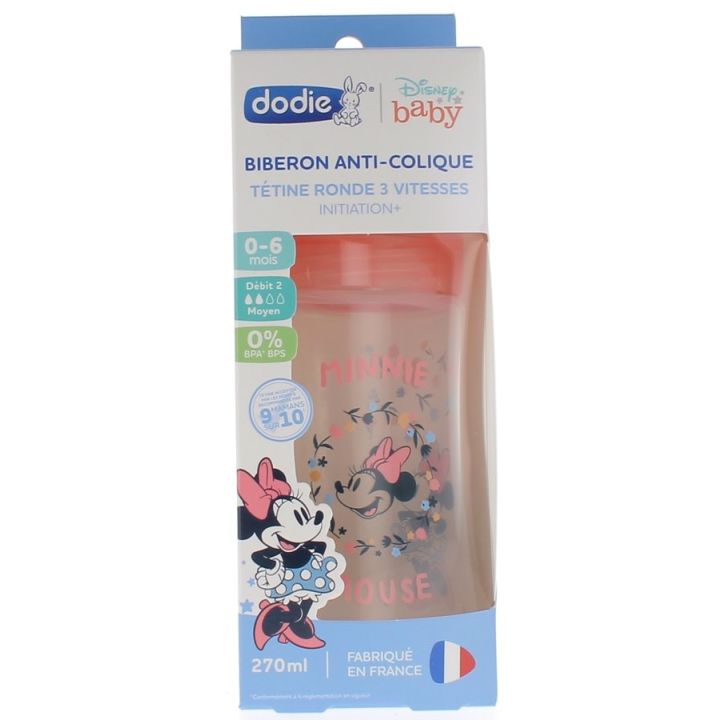 Biberon anti-colique Disney Baby Minnie t&eacute;tine ronde 3 vitesses 0-6 mois Dodie - biberon de 270ml