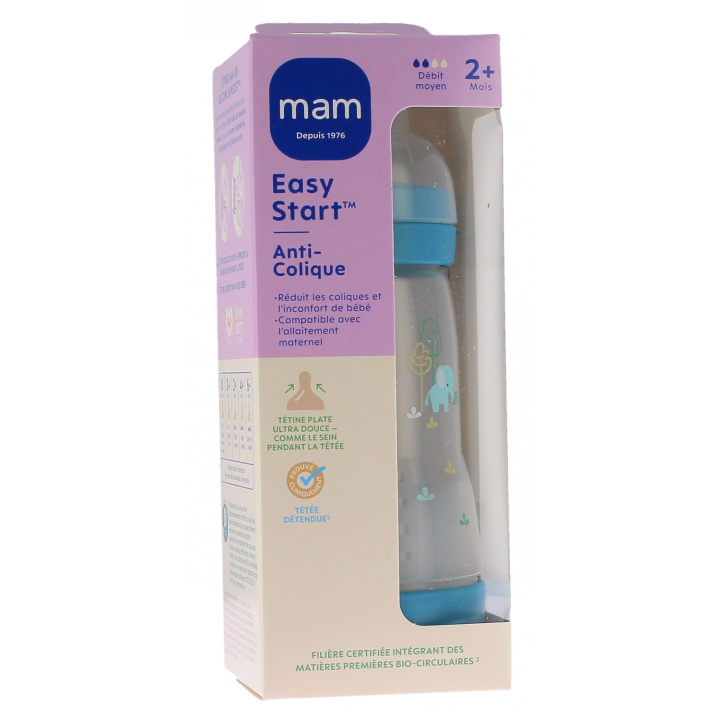 Biberon Easy start anti-colique 2+ mois d&eacute;bit moyen bleu oc&eacute;an Mam - 1 biberon de 260ml