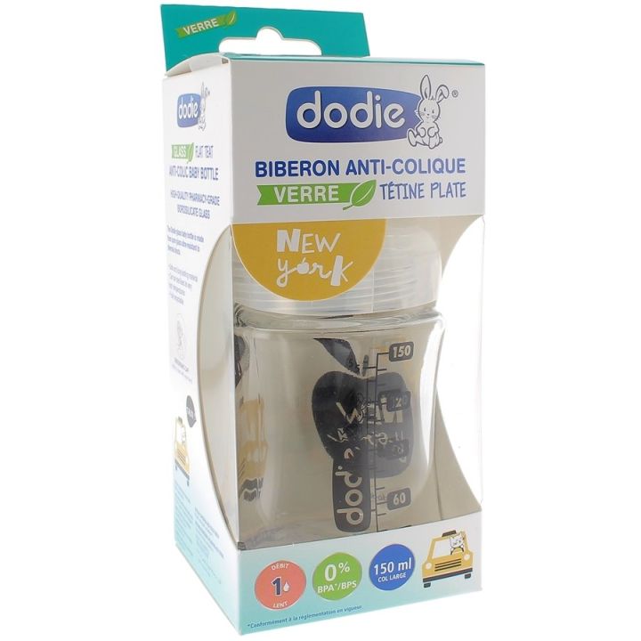 Biberon en verre Anti-colique New York d&eacute;bit 1 - 0 &agrave; 6 mois Dodie - biberon de 150 ml