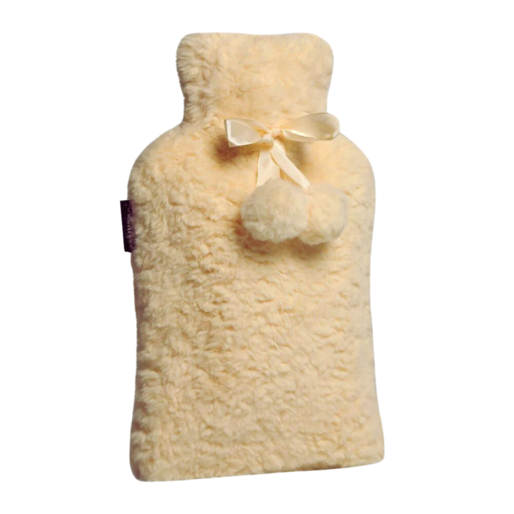 Bouillotte &agrave; eau avec housse pompons jaune Calindoo - bouillotte de 2L