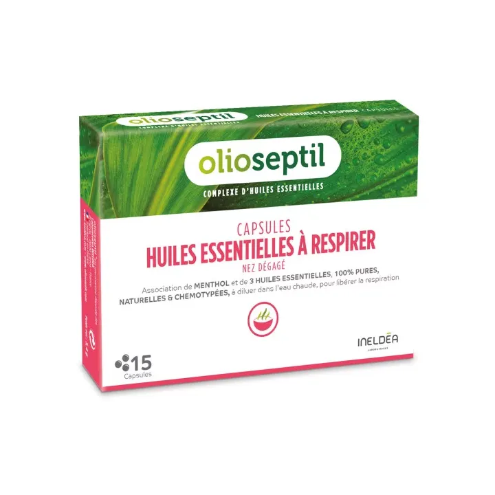Capsules d'huiles essentielles &agrave; respirer nez d&eacute;gag&eacute; Olioseptil - boite de 15 capsules