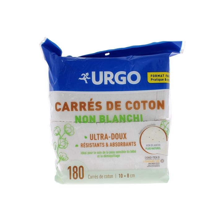 Carr&eacute;s de coton non blanchi 10 x 8 cm Urgo - sachet de 180 carr&eacute;s