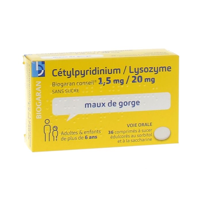 C&eacute;tylpyridinium Lysozyme 1,5 mg / 20 mg Biogaran - 36 comprim&eacute;s &agrave; sucer