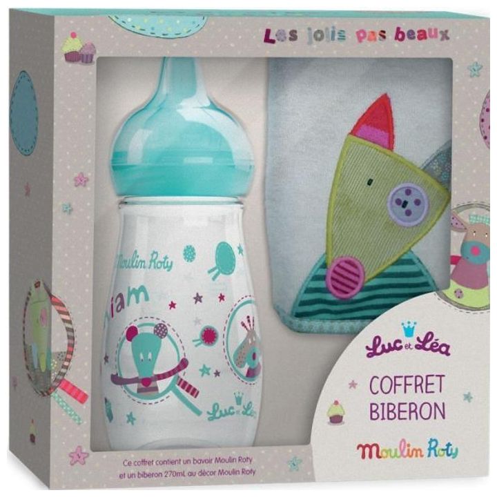 Coffret biberon Moulin Rotin Luc et L&eacute;a - 1 biberon de 270 ml + 1 bavoir