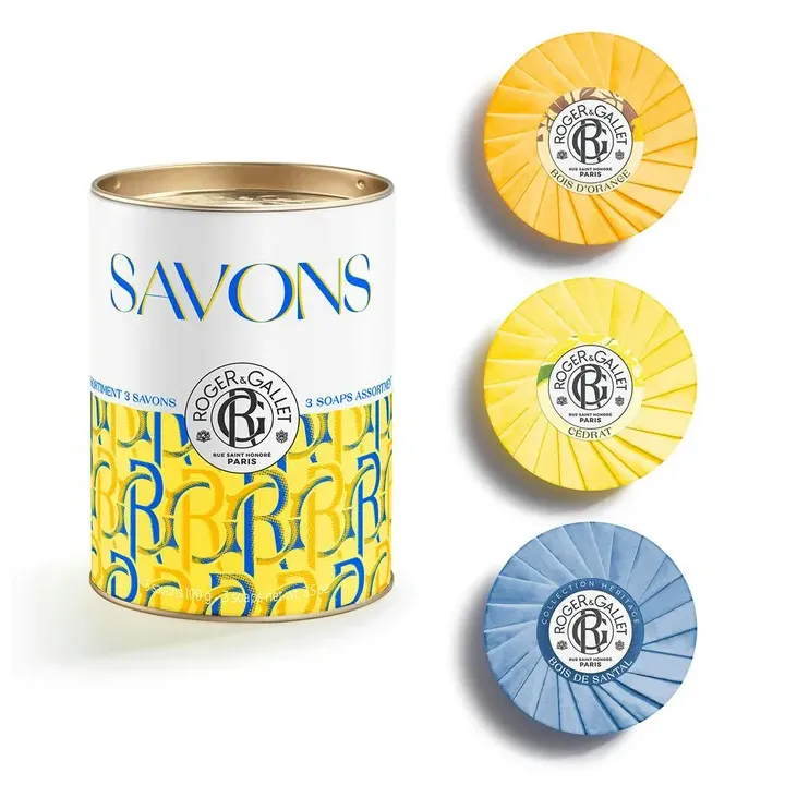 Coffret savons bienfaisants C&eacute;drat, Bois d'orange, Bois de santal Roger & Gallet - boite de 3 savons de 100g