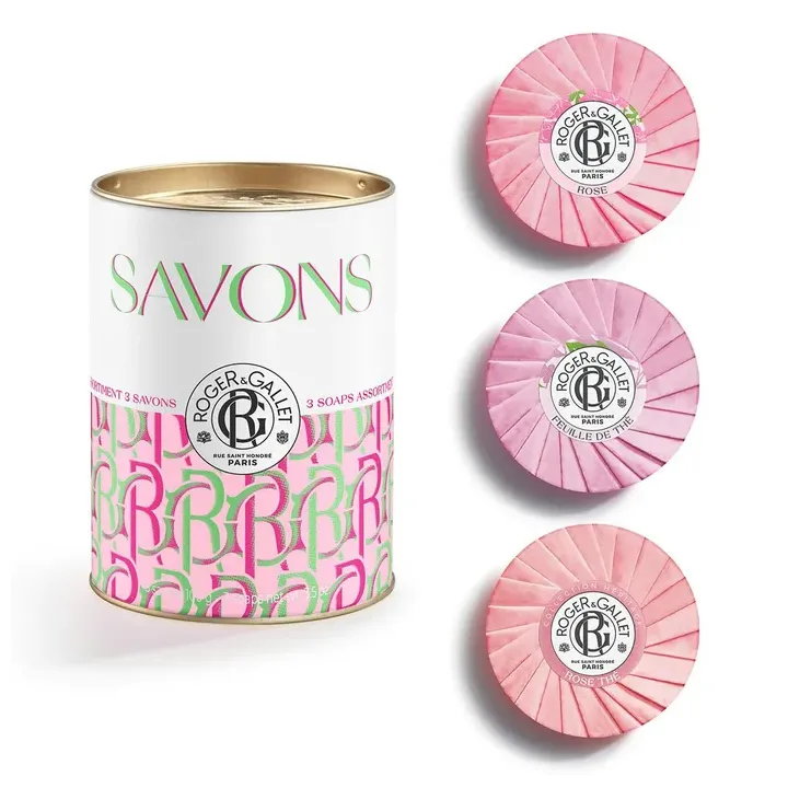 Coffret savons bienfaisants Feuille de th&eacute;, Rose, Rose th&eacute; Roger & Gallet - boite de 3 savons de 100g