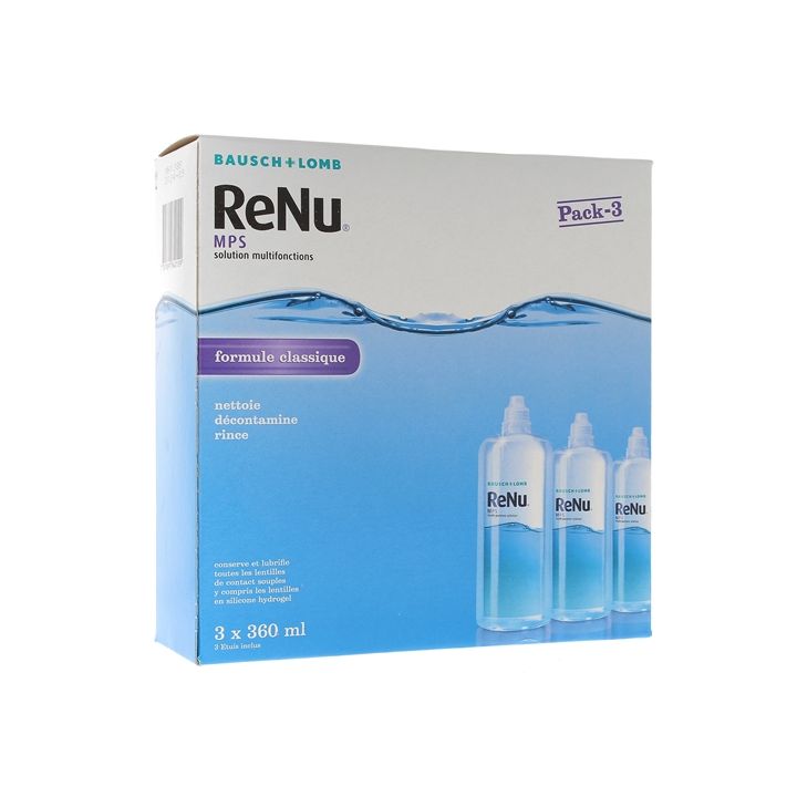 ReNu MPS Solution multifonctions formule classique Bausch Lomb - lot de 3 flacons de 360 ml + 3 &eacute;tuis &agrave; lentilles