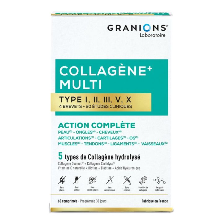 Collag&egrave;ne + multi type I, II, III, V, X Granions - boite de 60 comprim&eacute;s