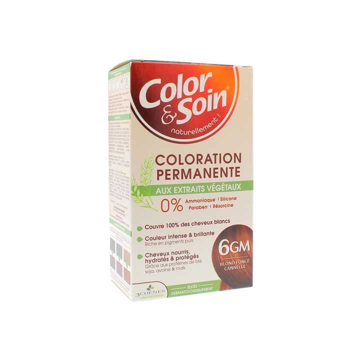 Color & Soin Coloration permanente aux extraits v&eacute;g&eacute;taux blond fonc&eacute; cannelle 6GM Les 3 Ch&ecirc;nes - kit de 4 produits
