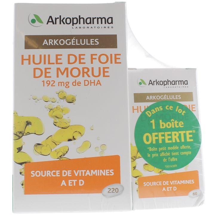Arkog&eacute;lules Huile de foie de morue Arkopharma - boite de 220 capsules + 60 capsules offertes