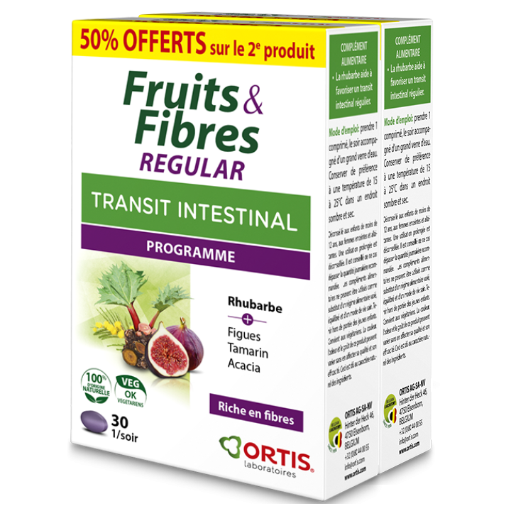 Fruits & Fibres Regular transit intestinal Ortis - lot de 2 bo&icirc;tes de 30 comprim&eacute;s