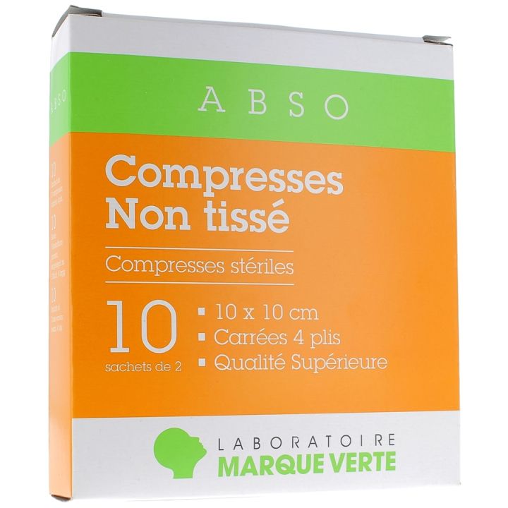 Compresses st&eacute;riles non tiss&eacute; Marque Verte - bo&icirc;te de 10 sachets de 2 compresses de 10x10cm