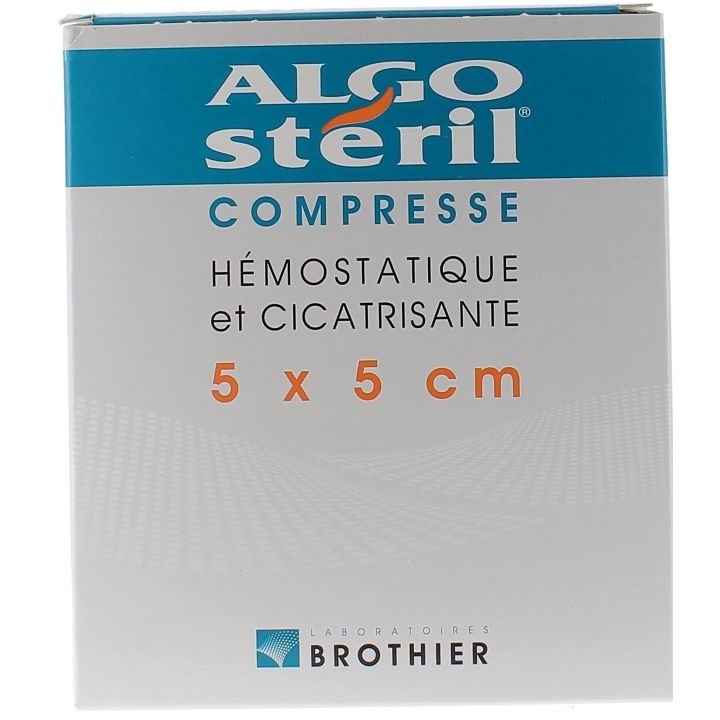 Compresses h&eacute;mostatiques et cicatrisantes 5x5 cm algost&eacute;ril Brothier - boite de 10 compresses