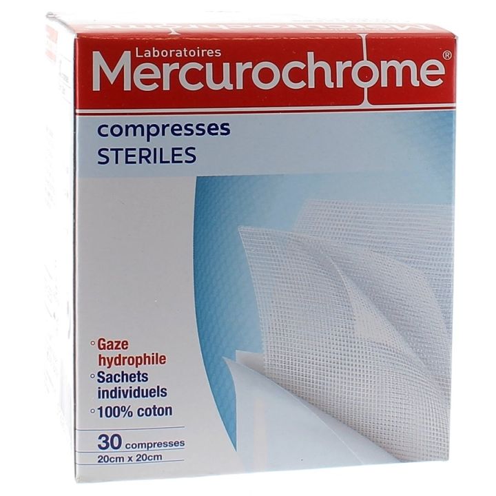 Compresses st&eacute;riles coton Mercurochrome - boite de 30 compresses