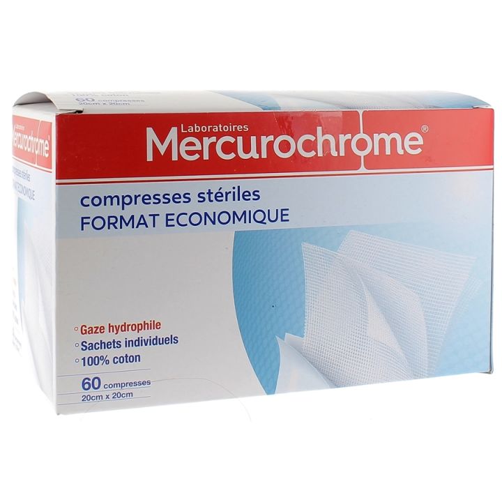 Compresses st&eacute;riles coton format &eacute;conomique Mercurochrome - boite de 60 compresses
