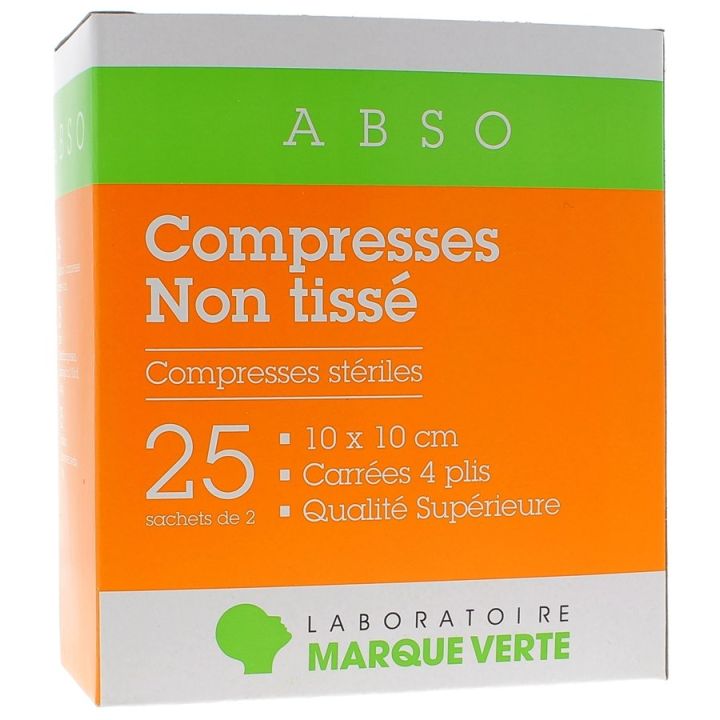 Compresses st&eacute;riles non tiss&eacute; Marque Verte - bo&icirc;te de 25 sachets de 2 compresses de 10x10cm