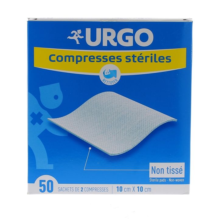 Compresses st&eacute;riles non tiss&eacute; Urgo - boite de 50 sachets de 2 compresses 10x10 cm