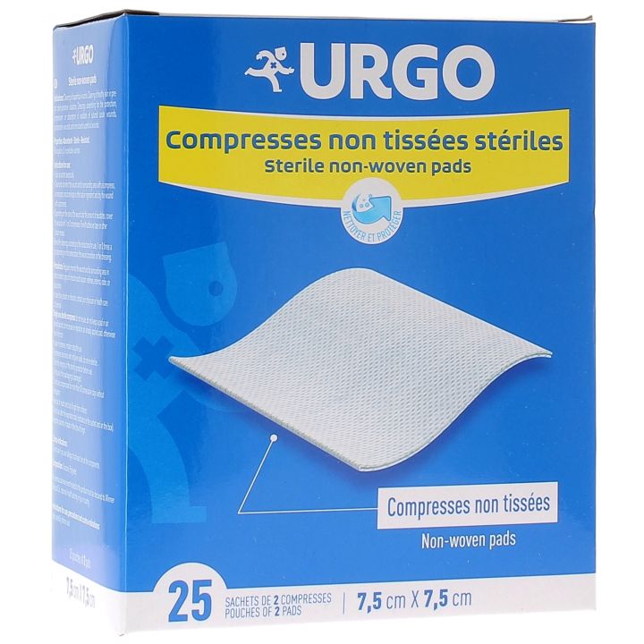 Compresses non tiss&eacute;es st&eacute;riles Urgo - bo&icirc;te de 25 sachets de 2 compresses 7,5 x 7,5