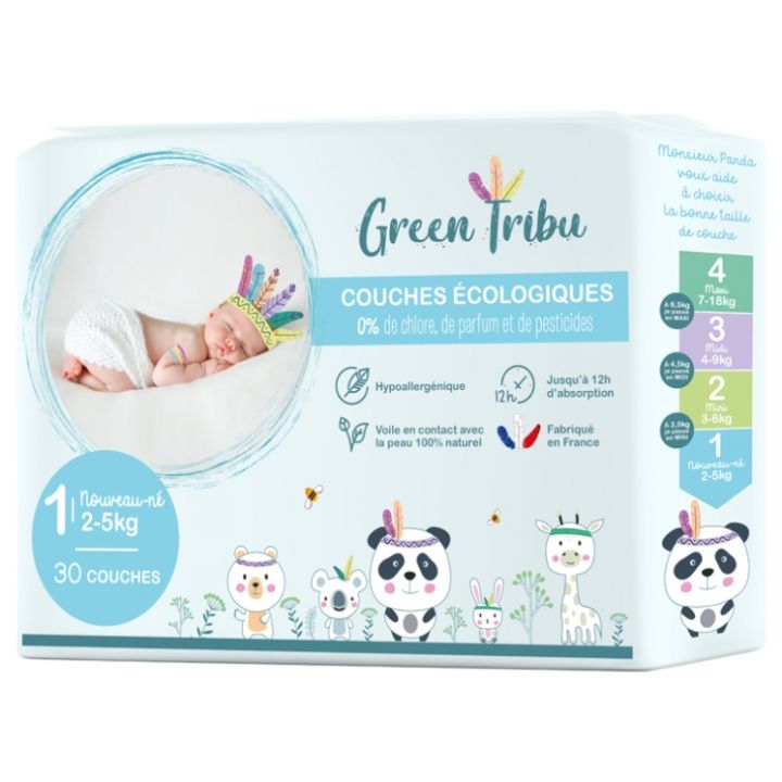 Couches &eacute;cologiques taille 1 (2-5 kg) Green Tribu - sachet de 30 couches