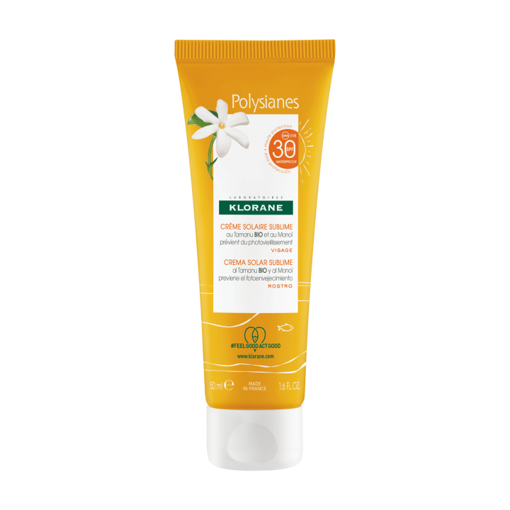 Cr&egrave;me solaire sublime au Tamanu bio et Mono&iuml; visage SPF 30 Klorane - tube de 50 ml