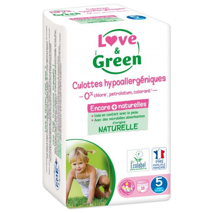 Culottes hypoallerg&eacute;niques taille 5 (12-18 kg) Love & Green - paquet de 18 culottes