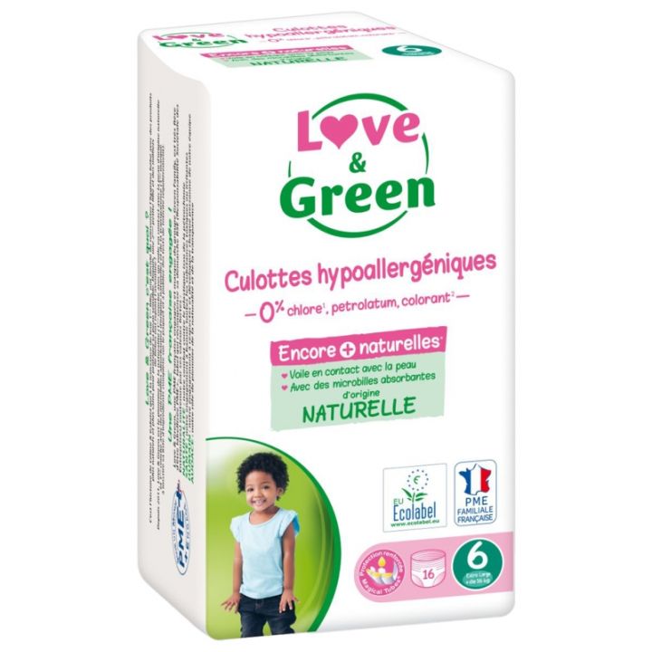 Culottes hypoallerg&eacute;niques taille 6 (+ 16 kg) Love & Green - paquet de 16 culottes