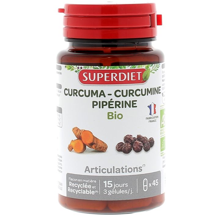 Curcuma curcumine pip&eacute;rine bio Super Diet - boite de 45 g&eacute;lules