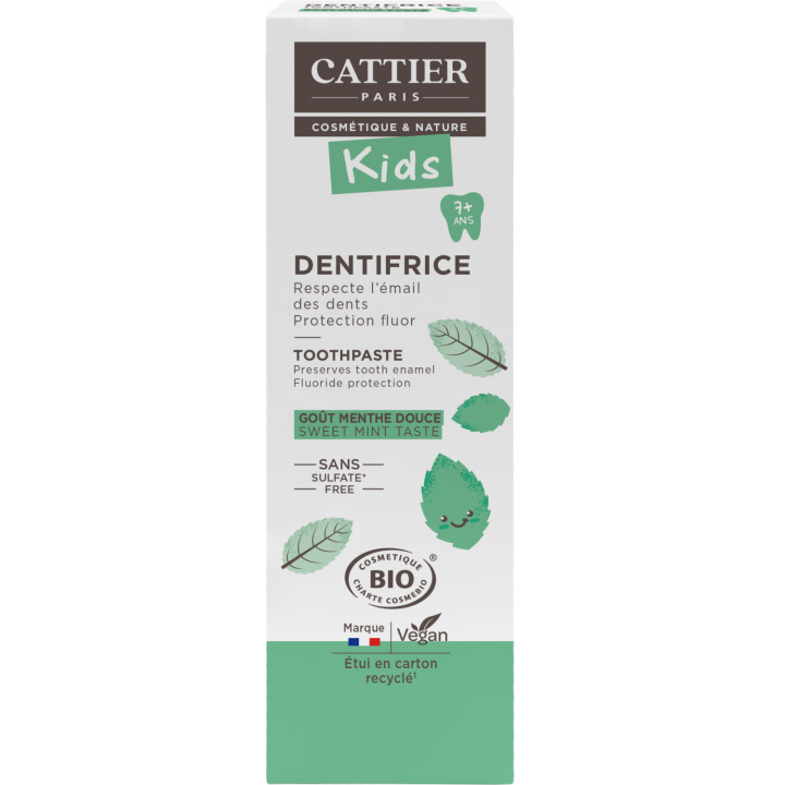 Dentifrice 7 ans et + go&ucirc;t menthe douce bio Cattier - tube 50 ml