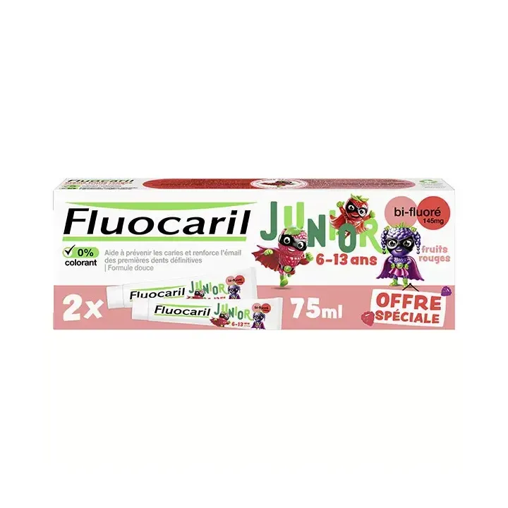 Dentifrice junior 1&egrave;res dents d&eacute;finitives fruits rouges Fluocaril - lot de 2 tubes de 75 ml