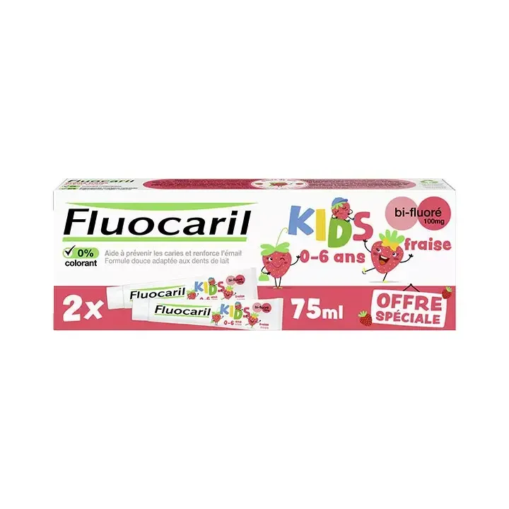 Dentifrice kids 0-6 ans ar&ocirc;me fraise Fluocaril - lot de 2 tubes de 75ml