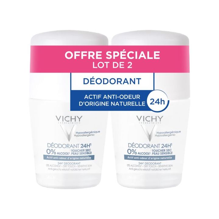D&eacute;odorant 24h toucher sec peau sensible Vichy - lot de 2 roll-on bille de 50 ml