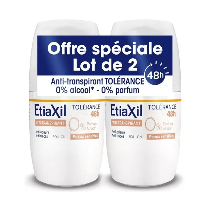 D&eacute;odorant anti-transpirant 48h peaux sensibles Etiaxil - lot de 2 roll-on de 50ml
