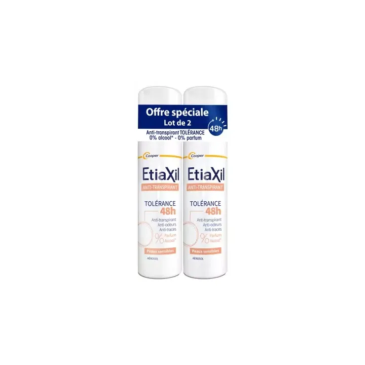 D&eacute;odorant anti-transpirant tol&eacute;rance 48h peaux sensibles Etiaxil - lot de 2 sprays de 150ml