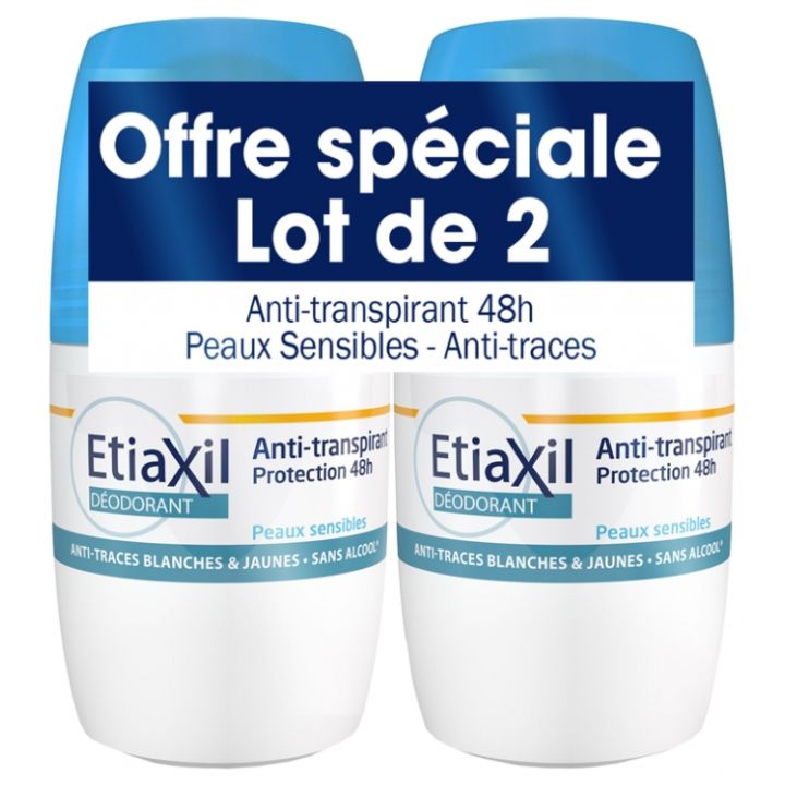 D&eacute;odorant anti-transpiration 48h peaux sensibles Etiaxil - lot de 2 roll-on de 50 ml