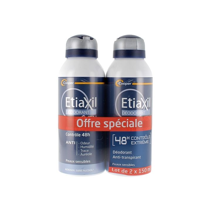 D&eacute;odorant homme anti-transpirant contr&ocirc;le 48h Etiaxil - lot de 2 a&eacute;rosols de 150 ml