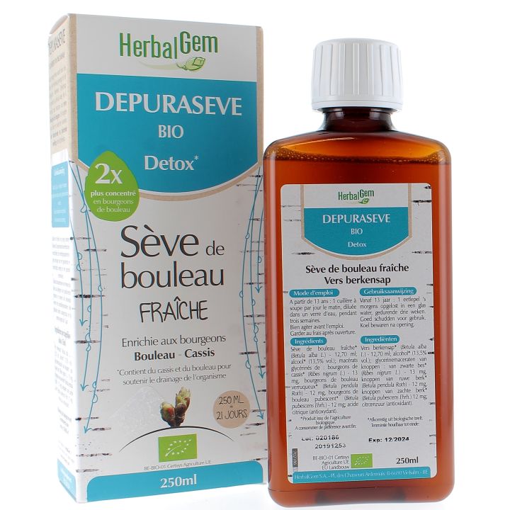 Depuras&egrave;ve bio D&eacute;tox S&egrave;ve de bouleau fra&icirc;che HerbalGem - flacon de 250ml