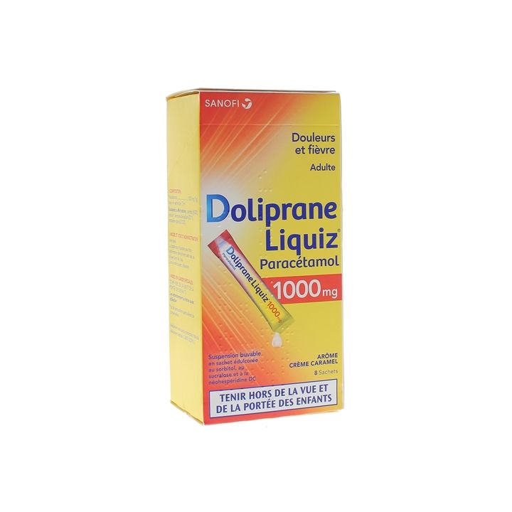 Doliprane Liquiz 1000mg sans sucre suspension buvable ar&ocirc;me cr&egrave;me caramel - bo&icirc;te de 8 sachets