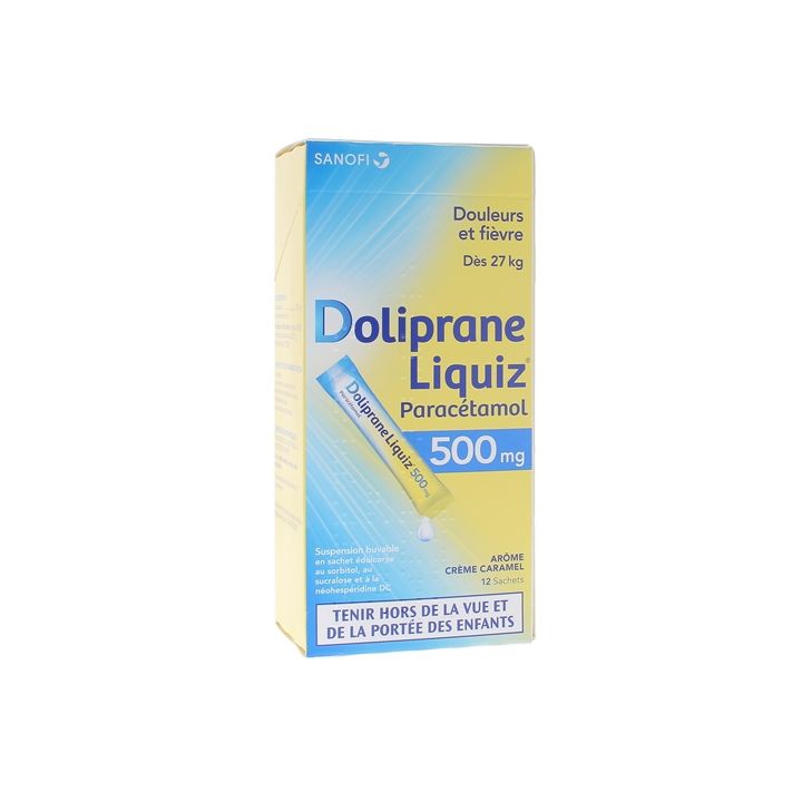 Doliprane Liquiz 500mg sans sucre suspension buvable ar&ocirc;me cr&egrave;me caramel - bo&icirc;te de 12 sachets
