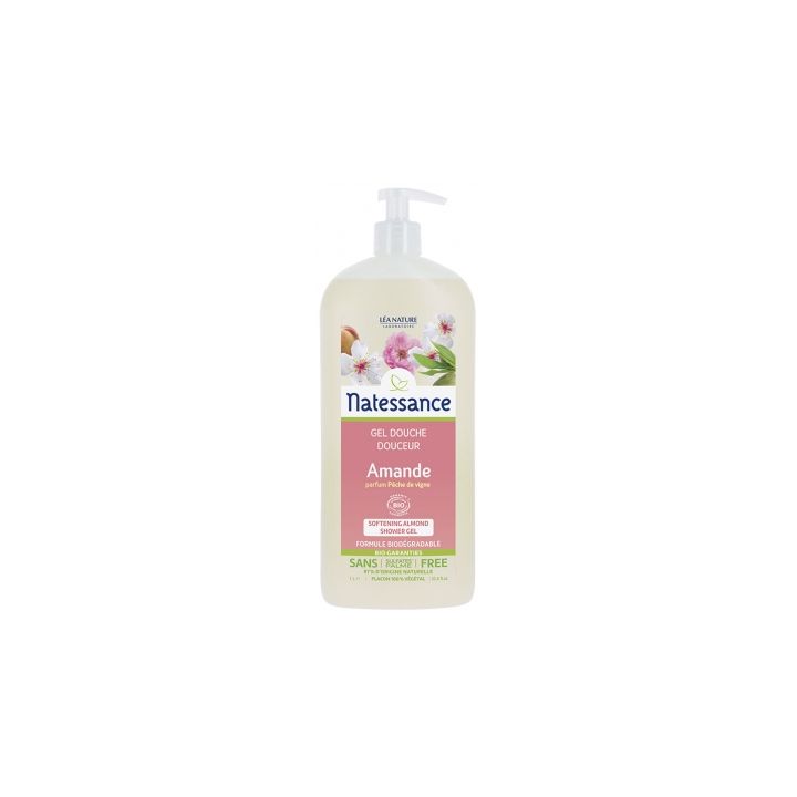 Gel douche amande parfum p&ecirc;che de vigne L&eacute;a Nature Natessance - flacon-pompe de 1L