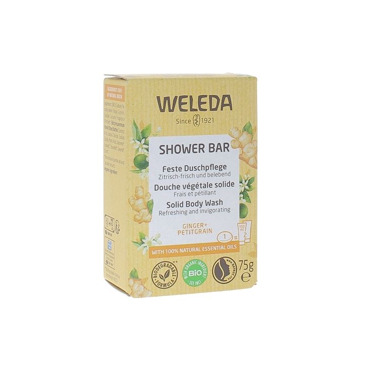 Douche v&eacute;g&eacute;tale solide Ginger et Petit Grain Weleda - pain de 75g