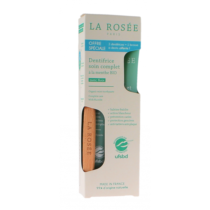 Dentifrice soin complet &agrave; la menthe bio La Ros&eacute;e - lot de 2 tubes de 75ml + une brosse &agrave; dent